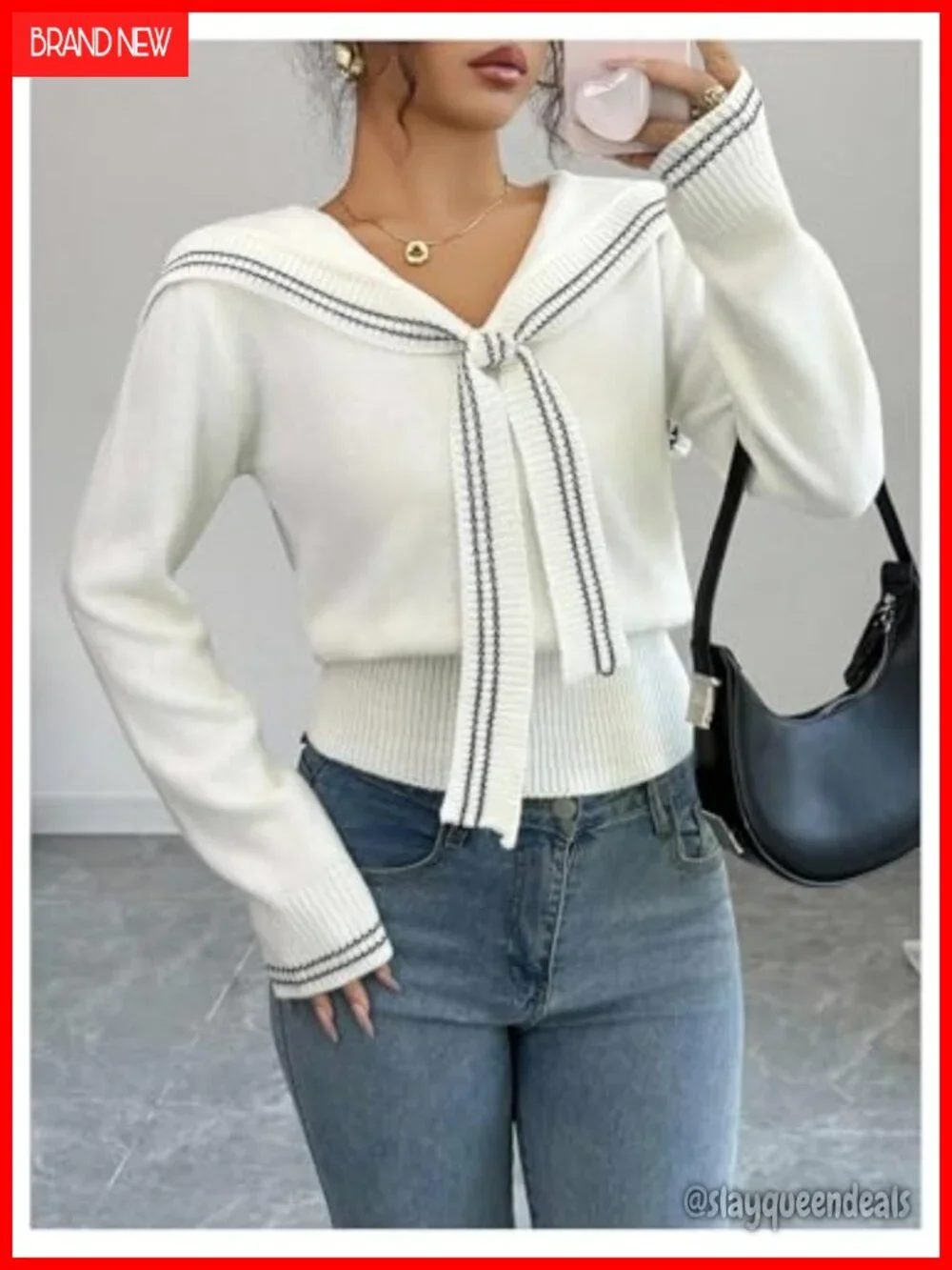 Striped Collared V Neck Sweater Long Sleeve Cinched Waist Knitted Pullover